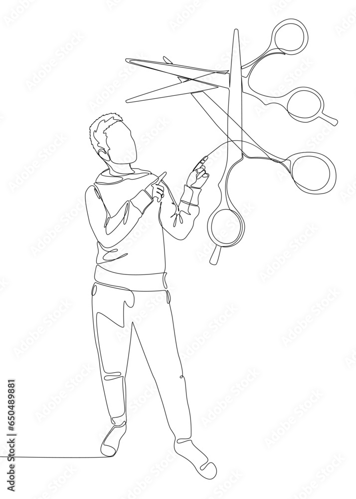 Poster one continuous line of man pointing with finger at scissor. thin line illustration vector concept. c