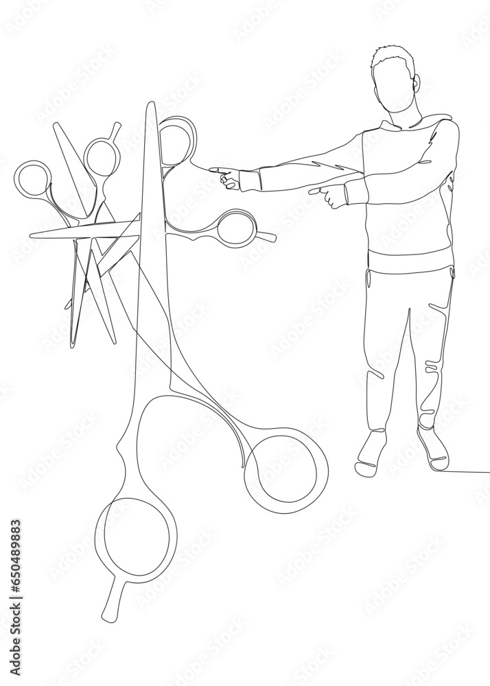 Poster one continuous line of man pointing with finger at scissor. thin line illustration vector concept. c