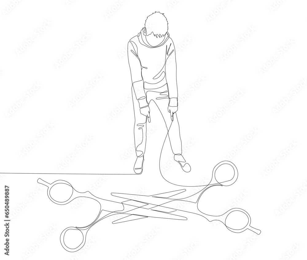 Poster one continuous line of man pointing with finger at scissor. thin line illustration vector concept. c