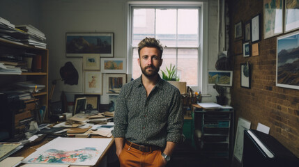 Fototapeta premium Male small business owner entrepreneur working in small art office created with Generative AI Technology