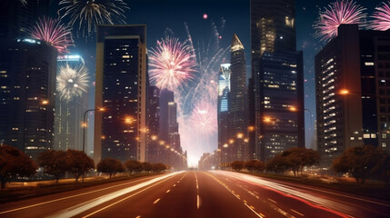 Fototapeta na wymiar Fireworks display cityscape with road, celebration and count down to new year concept illustration.