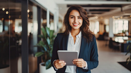 Beautiful elegant business woman in dark business clothes holding tablet and looking at camera smiling inside office building created with Generative AI Technology