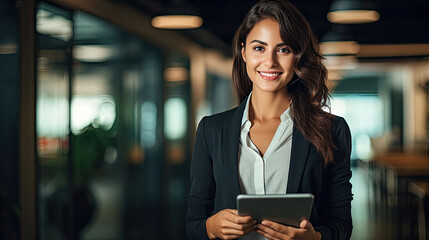 Beautiful elegant business woman in dark business clothes holding tablet and looking at camera smiling inside office building created with Generative AI Technology - obrazy, fototapety, plakaty