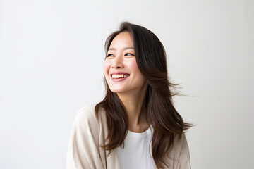 Happiness Asian Japanese woman with beautiful long hair looking slightly and making a gentle smile isolated on white background created with Generative AI Technology