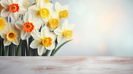 Spring floral background Fresh blooming Daffodils flowers on soft gray wooden table with empty space for text created with Generative AI Technology 