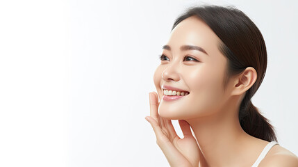 Obraz na płótnie Canvas Smiling Asian Korean woman model lightly touches her beautiful clean makeup face with her hand on white background created with Generative AI Technology