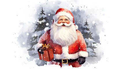 Watercolor clipart merry christmas santa claus standing with red gift box on white background created with Generative AI Technology 