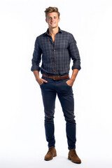 Full body Confident masculine male model standing in stylish casual clothes on white background