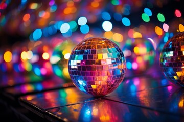Photo of a vibrant rainbow disco ball surrounded by a mesmerising display of colourful lights created with Generative AI technology