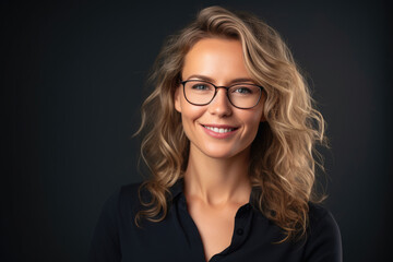 Happy young blonde smiling business woman wearing glasses and casual clothes on dark background created with Generative AI Technology