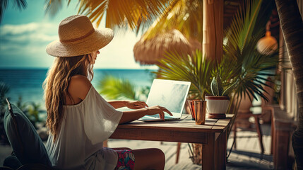 Digital nomad girl enjoying remote work with computer laptop while on vacation at the beach created with Generative AI Technology - obrazy, fototapety, plakaty