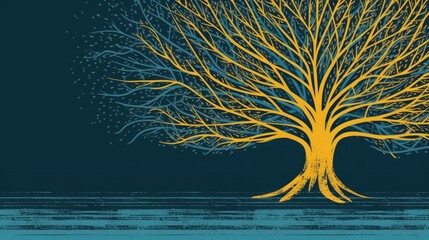 Sun and trees, environmental illustration, turquoise blue and yellow orange