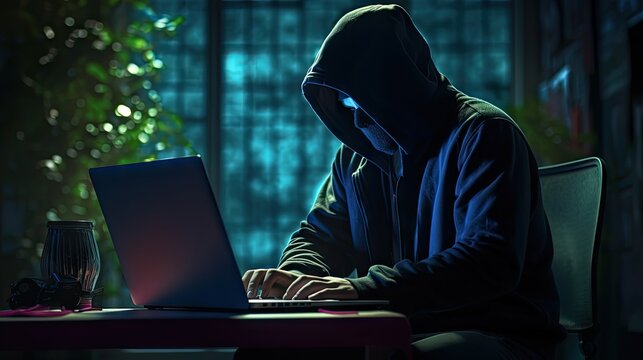Hackers and Malware Hacker uses abstract laptop with binary code digital interface.