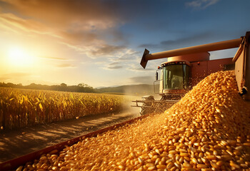 harvester pouring freshly harvested corn maize seeds or soybeans into a container trailer - obrazy, fototapety, plakaty
