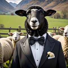 black sheep wearing tuxedo with white sheep
