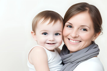 Portrait of happy mother with cute little baby on white background. Mother and child