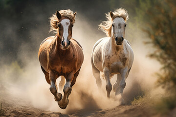 Brown and white horses running in the field
