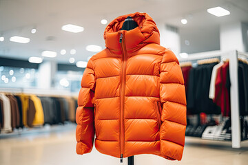 Close-up of an orange down jacket in a store - obrazy, fototapety, plakaty