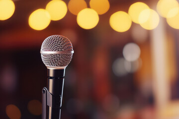 Professional microphone with blurred background, copy space