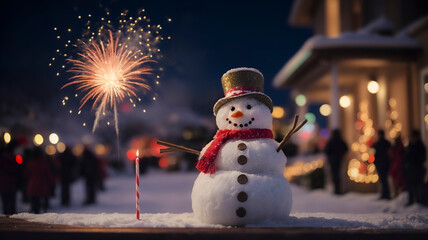Obraz premium Christmas snowman in the snow with fireworks