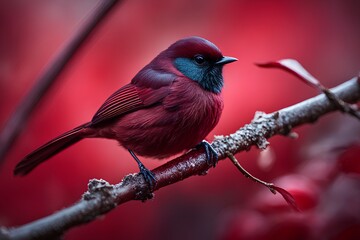 Little red bird on a tree branch