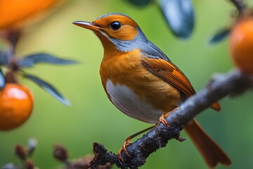 Orange thrush on tree branch
