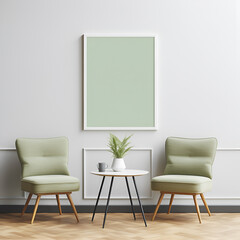 blank frame canvas mockup, in a living room, with light green accent decoration. AI Generated Images