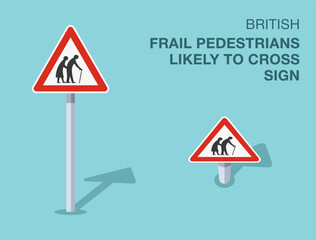 Traffic regulation rules. Isolated British frail pedestrians likely to cross sign. Front and top view. Flat vector illustration template.