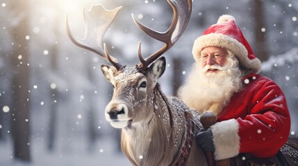 Santa Claus is near his reindeer in the snowy forest