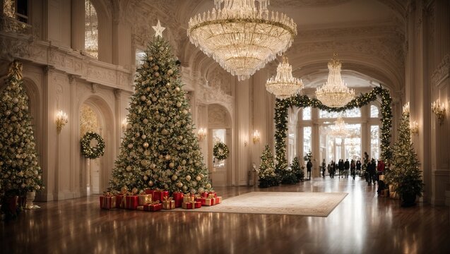  A grand entrance hall adorned with sparkling Christmas lights and a towering tree, inviting you into a world of luxury and holiday cheer.