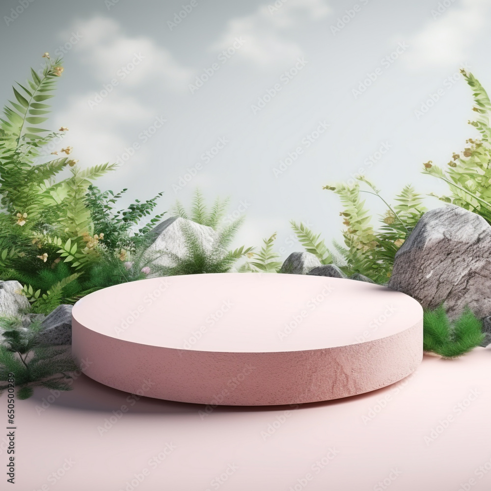 Poster 3d illustration rendering image of empty space mockup podium nature themed for product display