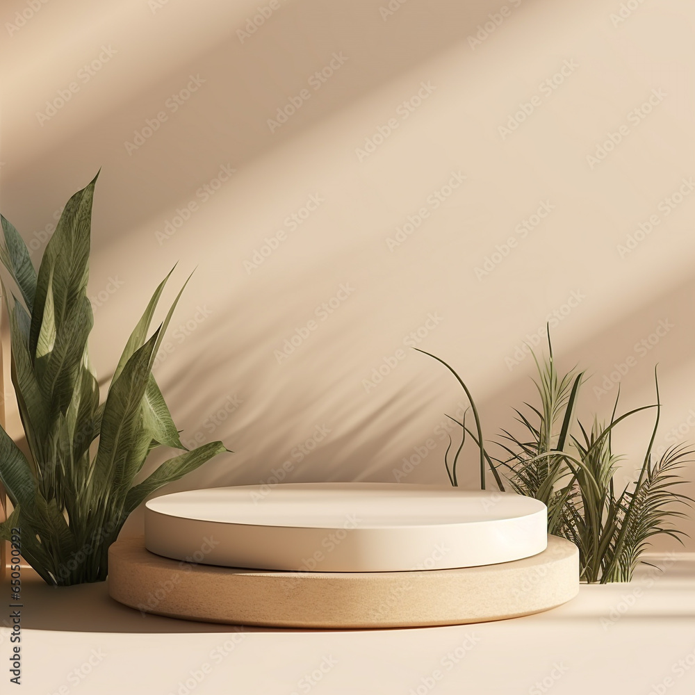 Poster 3d rendering image illustration of empty space podium display for product mockup natural background