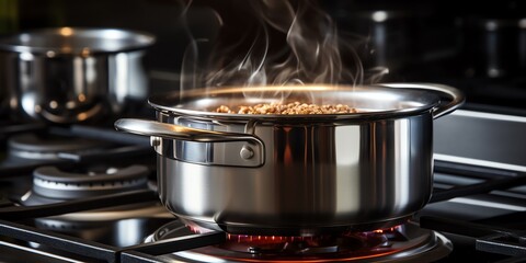 Shiny stainless steel saucepan on top for cooking