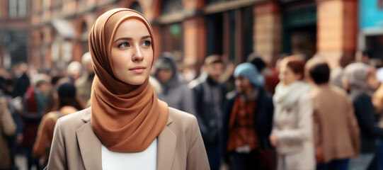Muslim woman wearing hijab walking on city street