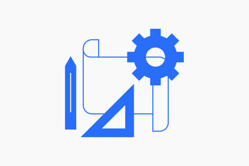 Geometric draftsmanship illustration in flat style design. Vector illustration. Duotone blue.