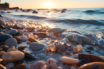 close up rocks on a beach at sunset. 