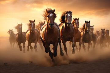 a group of horses running in the desert at sunset.