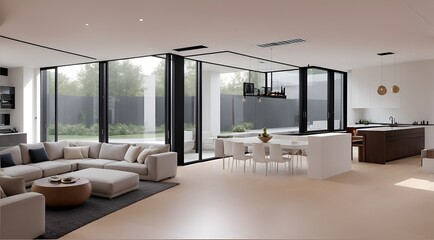 Interior of a beautiful modern living room in a new luxury house in Scandinavian style. with open plan Showing the kitchen dining room With a living sofa and a wall of windows with a stunning exterior