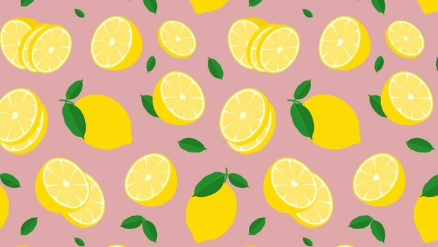 Animated seamless pattern with lemon with piece of citrus. Lemon with zest and leaves. Design element. Looped video background