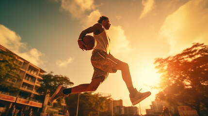 Street basketball player making a powerful slam dunk on the court - Athletic male training outdoor on a cloudy sky background - Sport and competition concept