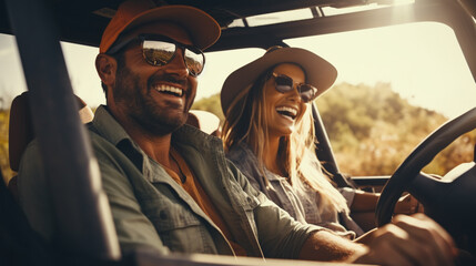 Young couple on a off road adventure excursion outside - Joyful tourists enjoying weekend activity on summer vacation - Tourism tour activities, transportation and summertime holidays concept  - obrazy, fototapety, plakaty