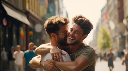 Young gay couple hugging and kissing in city street - Happy homosexual guys celebrating pride day together - Lgbt concept