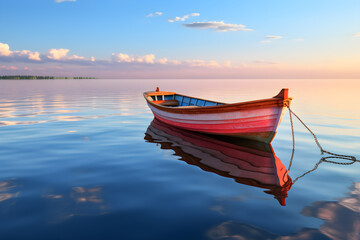 Naklejka premium Sunset at anchor fishing boat at low tide. Small boat