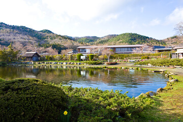 Fototapeta na wymiar Lake and mountains at Oshi no Hakkai village in Yamanashi prefecture, Chubu, Japan.