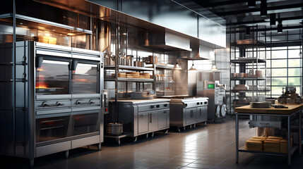 Industrial kitchen. Restaurant modern kitchen. large commercial kitchen with ovens - obrazy, fototapety, plakaty