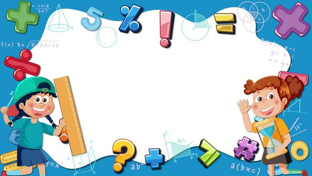 Two female students holding ruler and hourglass with math formulas and symbols on blue border frame template.