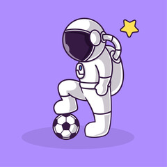 Little Cute Astronaut Kids Playing Soccer Football. Cartoon Illustration Design. Isolated Premium Vector File. Background is Easy to Edit. Can use for Icon, Logo, Banner or Any Design Project