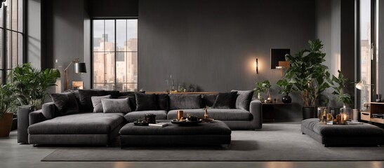 a stunning loft interior living room , a plush gray sofa takes center stage, inviting you to sink into its soft cushions and relax. The TV unit, with its sleek black finish - obrazy, fototapety, plakaty