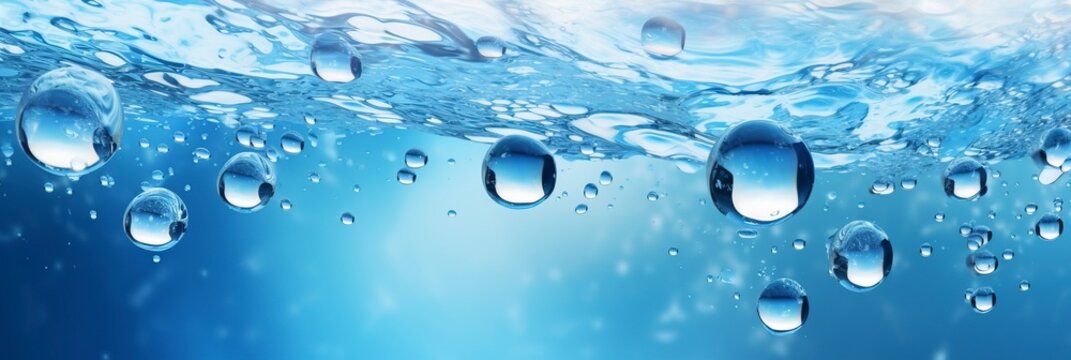 A defocused blue liquid with colored clear water surface texture, featuring splashes and bubbles, with ample copy space