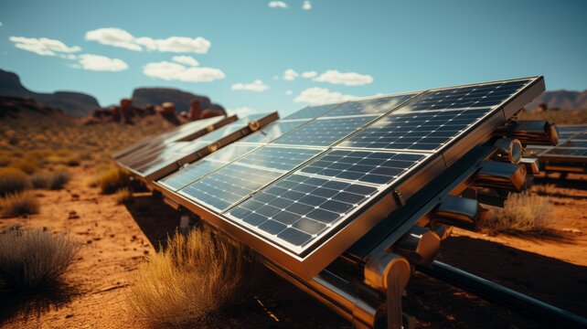 engineers installing and maintaining solar panels in the middle of the desert, working under the sun